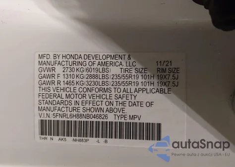 2022 Honda Odyssey Touring from USA, damaged, VIN 5FNRL6H88NB046826